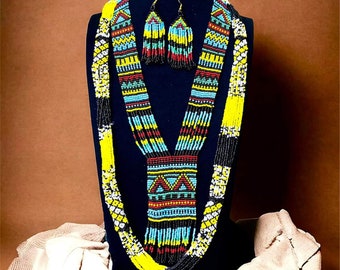 Long seed bead African necklace, colorful beadwork tassel necklace, boho fringe, lariat necklace.