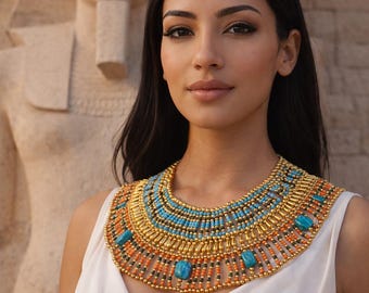 Egypt Necklace .handmade jewelry. party . necklace .Huge Ancient Egyptian Beaded Cleopatra 9 Scarabs Necklace Collar.