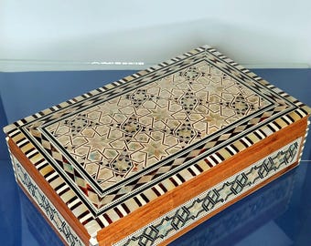 A Unique jewelry box . Egyptian Inlaid Wooden Mother Of Pearl Mosaic Jewelry Box ,inlaid inside and outside..