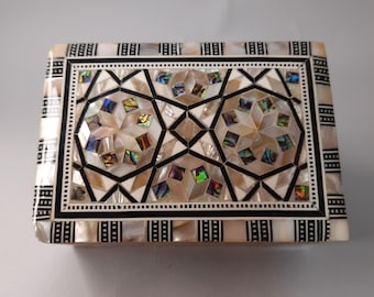 A Unique jewelry box . Egyptian Inlaid Wooden Mother Of Pearl Mosaic Jewelry Box ,inlaid inside and outside..