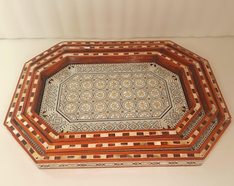 Set of 3 Mother of Pearl Inlaid Beech Wood Trays – Egyptian Handmade Home Decor