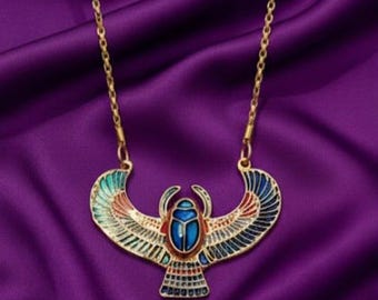 egyptian brass winged scrab necklace.1.75' multi color 1.25' x 1.75 '