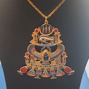 handmade jewelry. Large Egyptian Gold Plated Enameled Winged Scarab And Eye Of Horus Necklace.