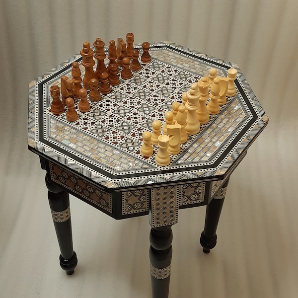 Gift . Gifts.Antique Chess Table Inlaid Mother of Pearl 16"A perfect Luxury Gift MADE IN EGYPT.