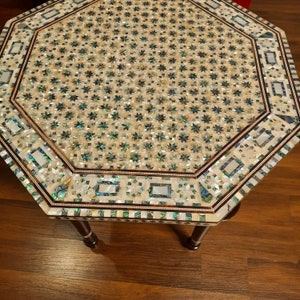 Handmade furniture coffee side table with exquisite mother of pearl inlay / wooden hexagon mosaic table / Entryway Side Moroccan Table.