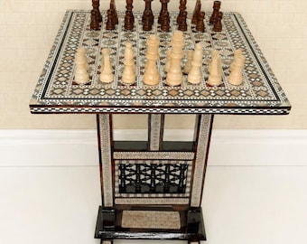 Chess Table Inlaid Mother of Pearl 16"A perfect Luxury GiftChess Game Table,Gifts.Antique. Board Game 16" folding table MADE IN EGYPT.