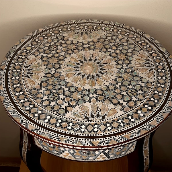 coffee side table with exquisite mother of pearl inlay / wooden round table / mosaic table / Entryway Side Table,Egyptian  Table.