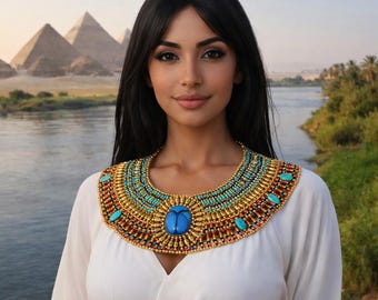 Amazing Ancient Egyptian Beaded Red & Green Cleopatra Necklace. egyptian made.