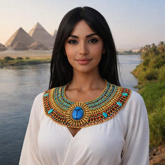Amazing Ancient Egyptian Beaded Red & Green Cleopatra Necklace. egyptian made.