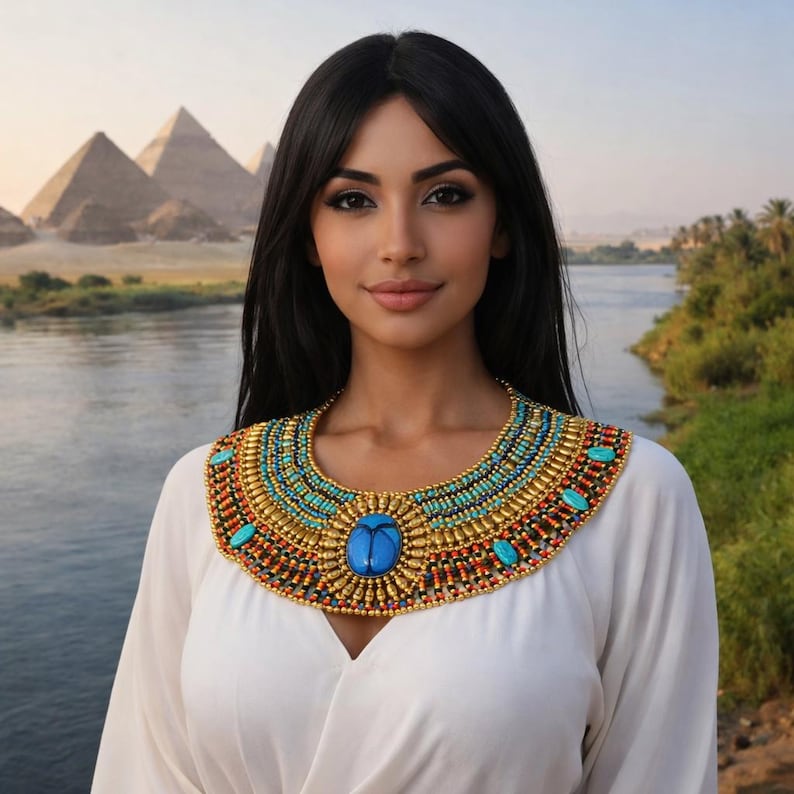 Amazing Ancient Egyptian Beaded Red & Green Cleopatra Necklace. egyptian made. image 1