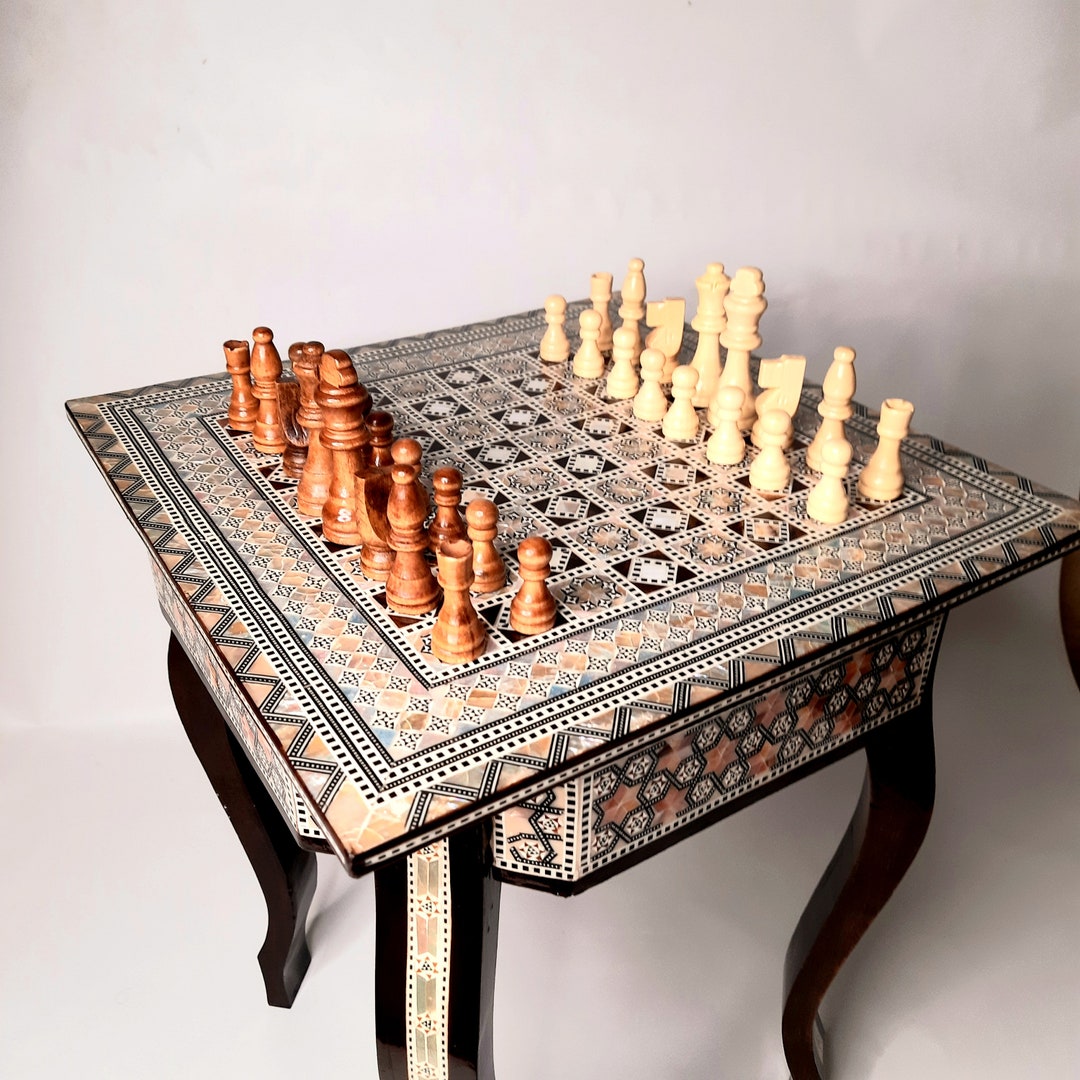 Chess Table Inlaid Mother of Pearl 16"a Perfect Luxury Giftchess Game Table,gifts.antique. Board ...
