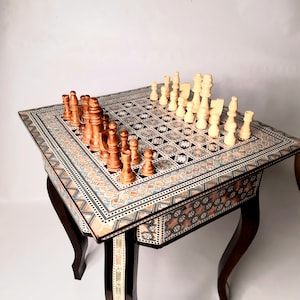 Chess Table Inlaid Mother of Pearl 16"A perfect Luxury GiftChess Game Table,Gifts.Antique. Board Game 16" MADE IN EGYPT.