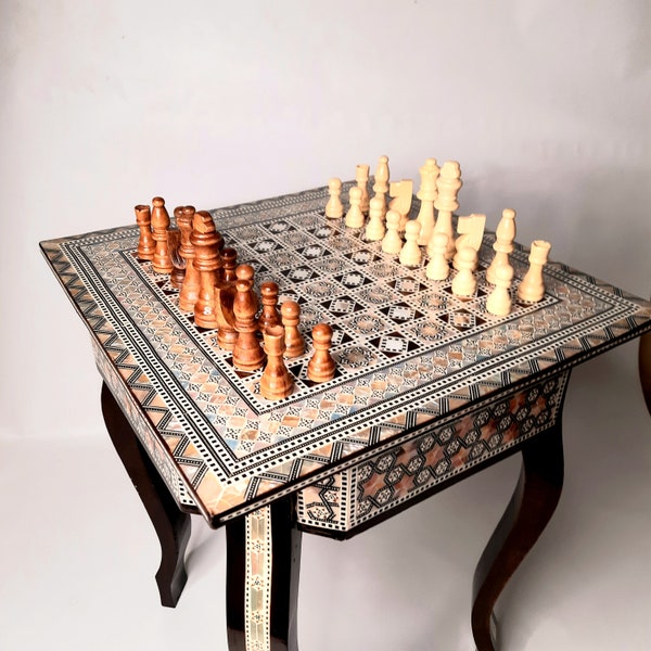 Chess Table Inlaid Mother of Pearl 16"A perfect Luxury GiftChess Game Table,Gifts.Antique. Board Game 16" MADE IN EGYPT.