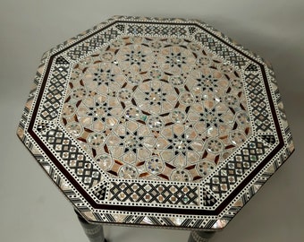 Handmade furniture coffee side table with exquisite mother of pearl inlay .wooden hexagon mosaic table / Entryway Side Moroccan Table. #t.18
