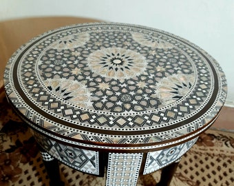 Handmade furniture coffee side table with exquisite mother of pearl inlay / 20 x 20 inches wooden round / mosaic.Entryway Side Table .#T.26.