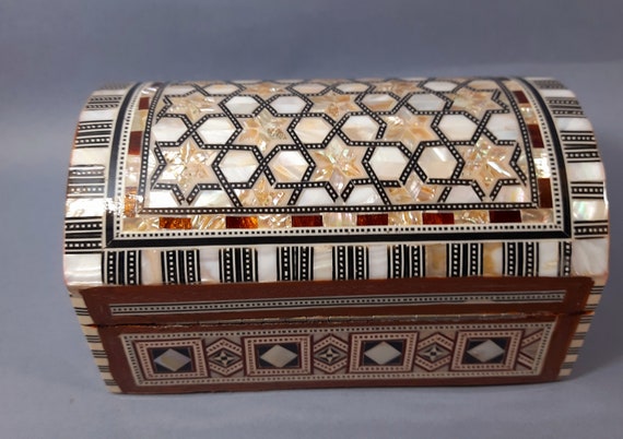 Handmade Wood Jewelry Box, Egyptian Mother of Pearl Inlaid Mosaic