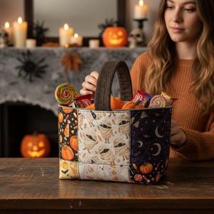 Op de afbeelding: Een rechthoekige stoffen mand met een patchworkontwerp met Halloween-thema, waaronder pompoenen, mummies, spoken en manen. De mand heeft een donkerbruin geweven handvat en is gevuld met diverse kleurrijke snoepjes en kleine pompoenen.