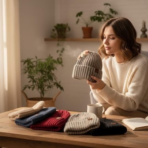May include: A woman holding a gray ribbed knit beanie. Several other beanies in beige, navy, red, gray, and black are on a wooden table. The beanies have a folded brim and a small tag.
