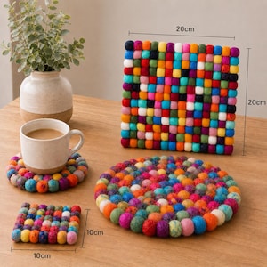100% Wool Felt Ball Coasters & Trivets ~Handmade in Nepal~Multicolour/Marbled Round and Square