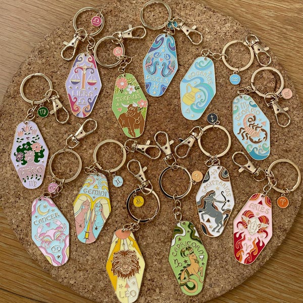 Enamel Zodiac~Constellation Bag Charm~ Key Ring~ Leo Sagittarius Aries Virgo Capricorn Aquarius Pisces Scorpio Gemini Libra Cancer Taurus