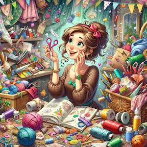 May include: A young girl with long brown hair and a pink headband is sitting at a table with a variety of craft supplies. She is holding a pair of scissors and a notebook. The table is covered in colourful yarn, beads, and other craft supplies.
