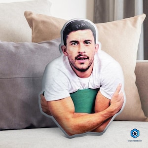 May include: A pillow shaped like a man wearing a white t-shirt, hugging a green pillow. The pillow is on a couch with beige and gray pillows in the background. The Effort Paramount logo is in the bottom right corner.