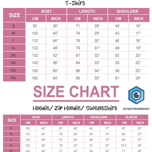 May include: Size chart for t-shirts, hoodies, and sweatshirts. The chart shows measurements in both inches and centimeters for bust, length, shoulder, and sleeve.