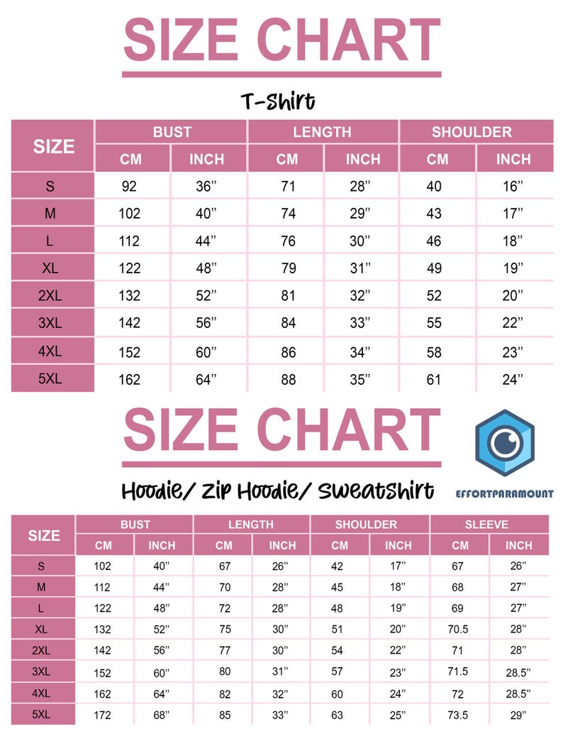 May include: Size chart for t-shirts, hoodies, and sweatshirts. The chart shows measurements in both inches and centimeters for bust, length, shoulder, and sleeve.