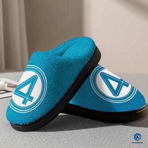 May include: A pair of blue plush slippers with a black sole. Each slipper features a white circle with a blue number 4 inside. The slippers are designed for indoor wear and provide comfort and warmth.