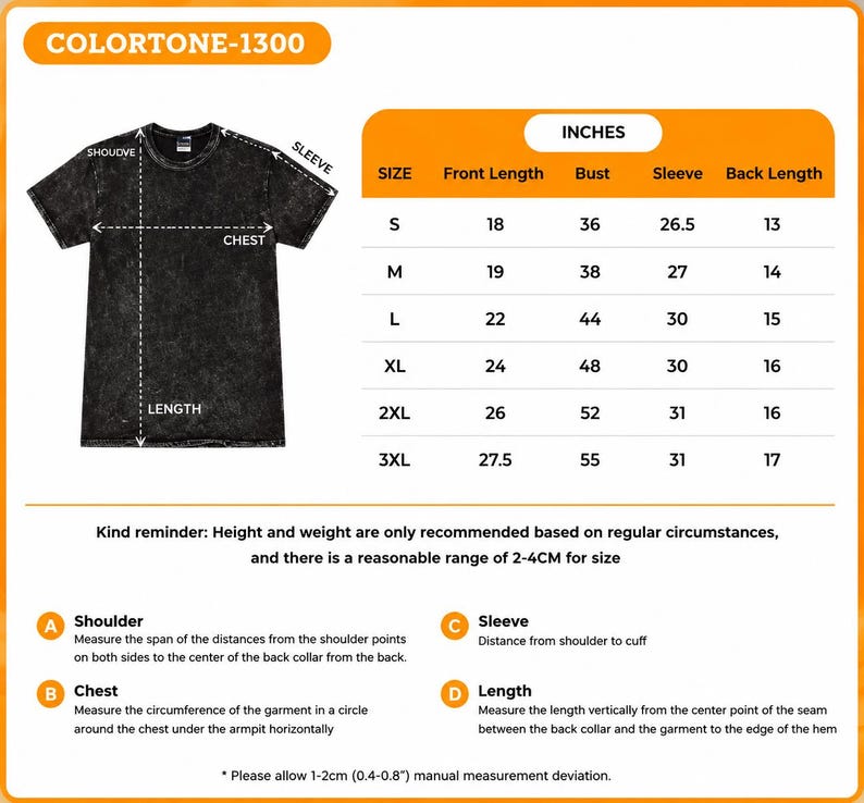 May include: A black acid-wash t-shirt with a size chart labeled COLORTONE-1300. The chart lists sizes S through 3XL with measurements in inches for front length, bust, sleeve, and back length. Includes measurement instructions for shoulder, chest, sleeve, and length.