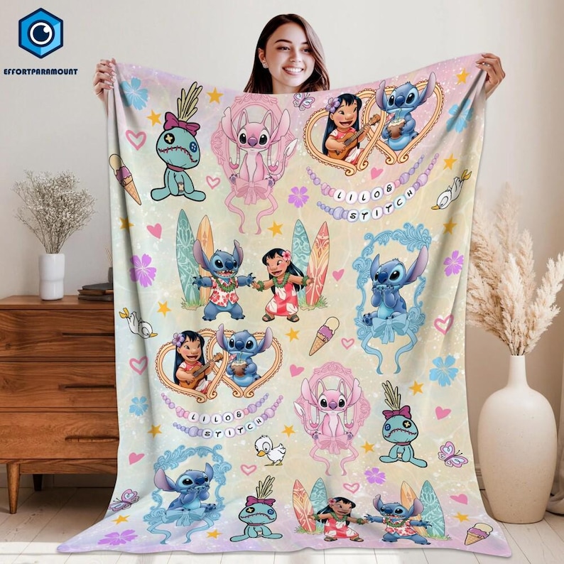 Coquette Bows Lilo & Stitch Blanket, Cute Stitch Disneyland Blanket, Ohana Means Family Stitch Blanket, Birthday Girl Gift Blanket 画像 1