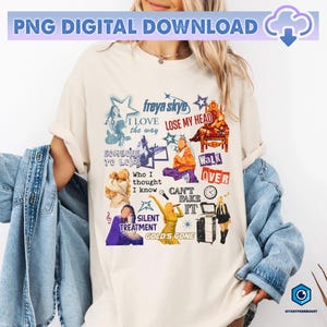 May include: A cream-coloured t-shirt with a collage design. The design includes the text "freya skye", "I LOVE the way", "LOSE MY HEAD", and "SILENT TREATMENT", along with various illustrations and text elements in multiple colours.