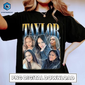 May include: Black t-shirt with a graphic print of four women's faces and the word "TAYLOR" in large, yellow letters. The graphic is set against a blue and yellow background with lightning bolts.