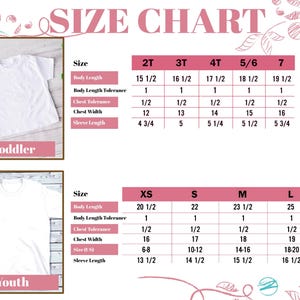 May include: Size chart for toddler and youth t-shirts. The chart shows measurements in inches for body length, body length tolerance, chest tolerance, chest width, and sleeve length. Sizes include 2T, 3T, 4T, 5/6, 7, XS, S, M, L, and XL.