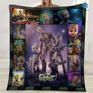 May include: A plush, rectangular blanket featuring multiple images of the character Groot from the Guardians of the Galaxy films. The blanket has a dark background with the words "I AM GROOT" and "BABY GROOT" printed on it.