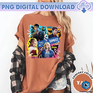 May include: A rust-colored t-shirt featuring a graphic design with the word "ZOMBIES" and character portraits. The design includes the names Zed, Victor, Addison, and Nova. The shirt also has the text "PNG DIGITAL DOWNLOAD" and "COMFORT COLORS".