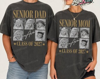 Camiseta vintage personalizada con foto y nombre para mamá de último año 2027, camiseta personalizada de la clase de 2027, regalo para papá orgulloso de último año, camisetas de graduación para mamás de último año