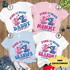 May include: Four white t-shirts with a pink and blue Stitch and Angel design. The shirts say "Pink Blue Daddy Loves You", "Pink Blue Mommy Loves You", "Pink Blue Grandpa Loves You", and "Pink Blue Grandma Loves You".
