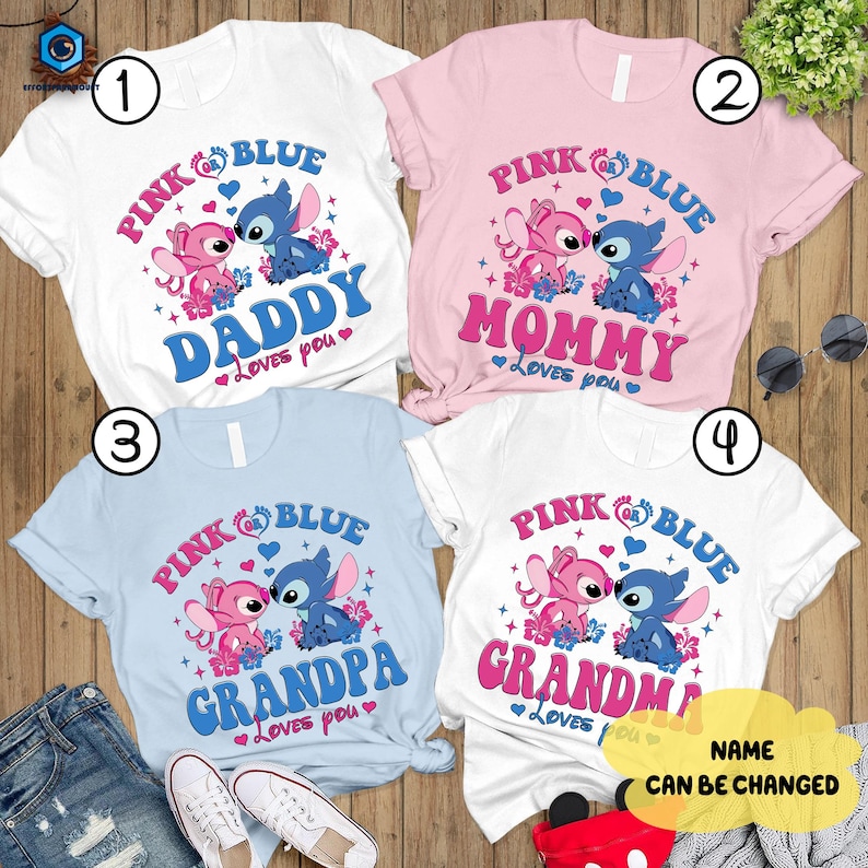 May include: Four white t-shirts with a pink and blue Stitch and Angel design. The shirts say "Pink Blue Daddy Loves You", "Pink Blue Mommy Loves You", "Pink Blue Grandpa Loves You", and "Pink Blue Grandma Loves You".