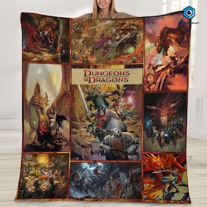 May include: A Dungeons & Dragons themed blanket featuring various fantasy illustrations of dragons, warriors, and scenes from the game. The blanket has a central panel with the game's logo and is predominantly red, orange, and brown.
