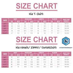 May include: Size chart for kids' t-shirts and hoodies with zipper or sweatshirt styles. The chart shows measurements in inches and centimeters for bust, shoulder, length, and sleeve. It also includes a suggested height range for each size.