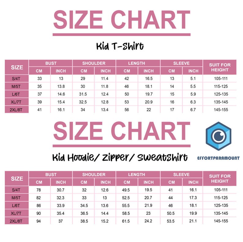 May include: Size chart for kids' t-shirts and hoodies with zipper or sweatshirt styles. The chart shows measurements in inches and centimeters for bust, shoulder, length, and sleeve. It also includes a suggested height range for each size.