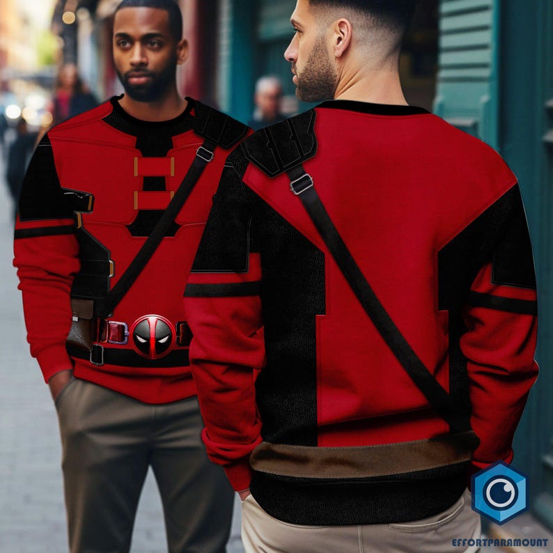 May include: Red and black sweatshirt with a graphic design of a superhero's costume. The sweatshirt has a zipper and a hood.