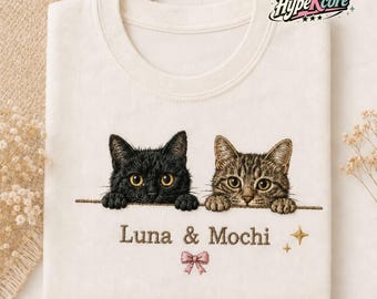 Sudadera con retrato de gato bordado a medida, sudadera con cuello redondo personalizada para mascotas, camiseta con nombre y cara de gato.