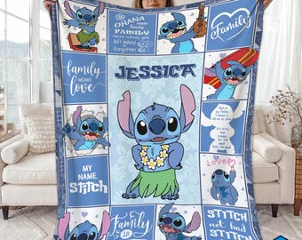 Custom Name Stitch Fleece Blanket, Stitch Ohana Blanket, Cute Stitch Blanket, Disneyland Stitch Blanket, Custom Throw Blanket for Sofa