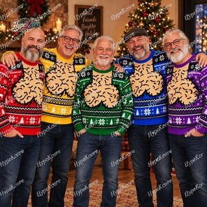 May include: Five long-sleeved knit sweaters featuring a repeating pattern of white snowflakes and pine trees along the hem and cuffs, with a large, beige, brain-like graphic on the chest. The sweaters are red, yellow, green, blue, and purple.
