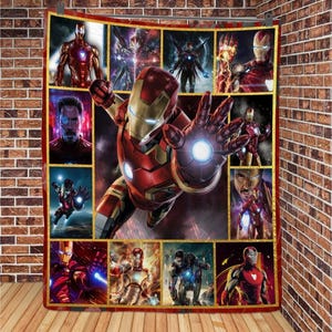 May include: A colorful tapestry featuring multiple images of Iron Man, a superhero from the Marvel universe. The tapestry is made up of a grid of nine squares, each containing a different image of Iron Man in various poses and settings. The tapestry is a vibrant red, yellow, and blue, with a metallic sheen.
