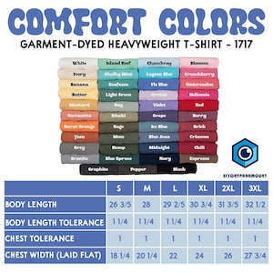 May include: A display of garment-dyed heavyweight t-shirts in various colors, including white, navy, and black. The image features a color chart with names like "Blossom" and "Espresso", and size measurements in inches. The text "COMFORT COLORS" is at the top.