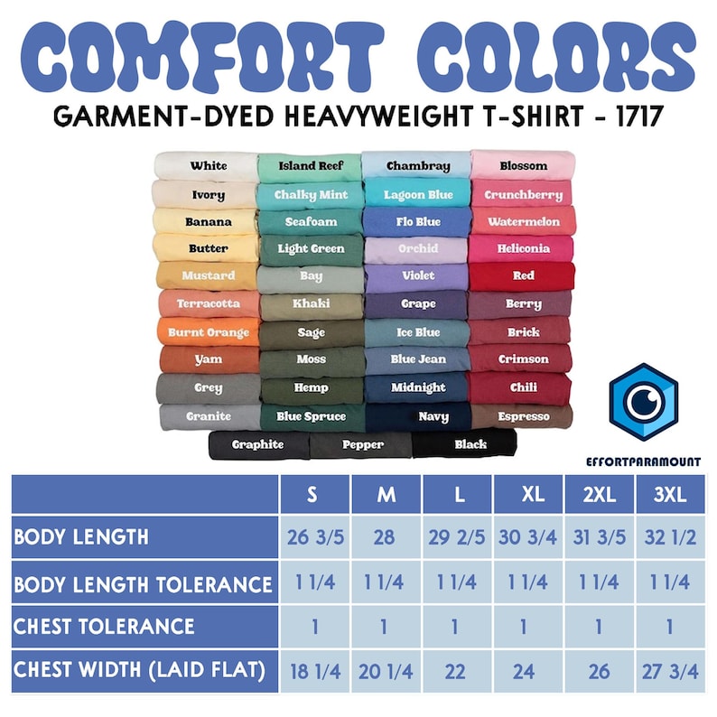 May include: A display of garment-dyed heavyweight t-shirts in various colors, including white, navy, and black. The image features a color chart with names like "Blossom" and "Espresso", and size measurements in inches. The text "COMFORT COLORS" is at the top.