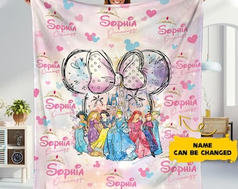 Personalized Watercolor Disneyland Princess Blanket, Castle Coquette Bows Blanket, Rapunzel Ariel Elsa Cinderella blanket,Birthday Girl Gift